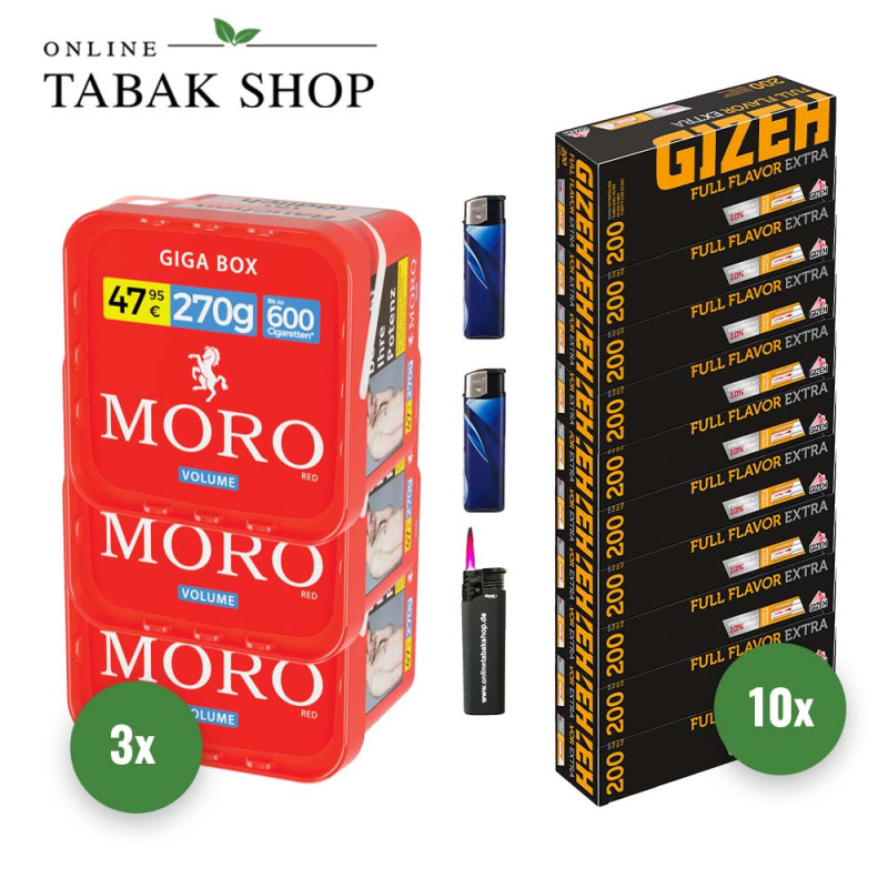 Moro Tabak (3 x 270g) + 2000 Gizeh Full Flavor Extra Hülsen + 2 Feuerzeuge + 1 Sturmfeuerzeug