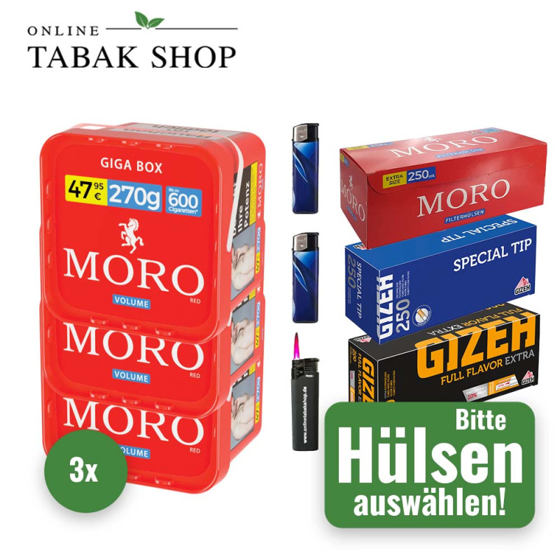 Moro Tabak (3 x 270g) + 2000 Hülsen (wählbar) + 2 Feuerzeuge + 1 Sturmfeuerzeug