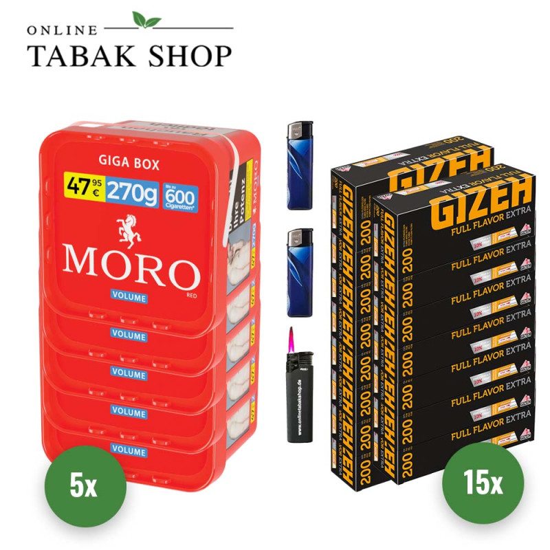 Moro Tabak (5 x 270g) + 3000 Gizeh Full Flavor Extra Hülsen + 2 Feuerzeuge + 1 Sturmfeuerzeug