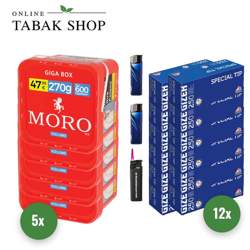 Moro Tabak (5 x 270g) + 3000 Gizeh Special Tip Hülsen + 2 Feuerzeuge + 1 Sturmfeuerzeug