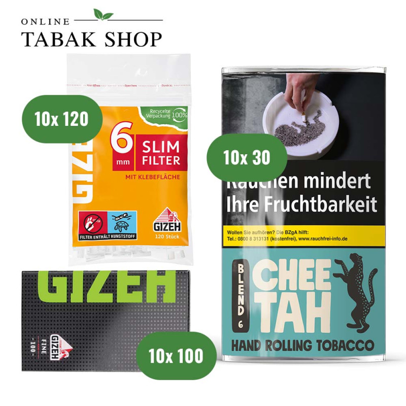 Chee Tah Blend 6 Tabak (10 x 30g) + GIZEH Black Fine Blättchen (10 x 100er) + GIZEH Slim Filter 6mm (10 x 120er)
