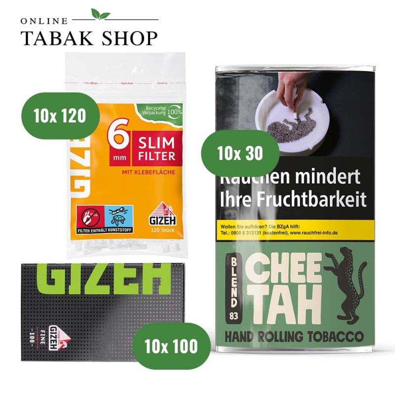 Chee Tah Blend 83 (Grün) Tabak (10 x 30g) + GIZEH Black Fine Blättchen (10 x 100er) + GIZEH Slim Filter 6mm (10 x 120er)