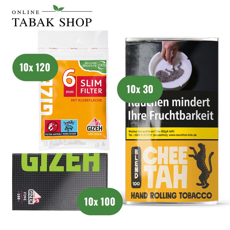 Chee Tah Blend 100 (Gelb) Tabak (10 x 30g) + GIZEH Black Fine Blättchen (10 x 100er) + GIZEH Slim Filter 6mm (10 x 120er)