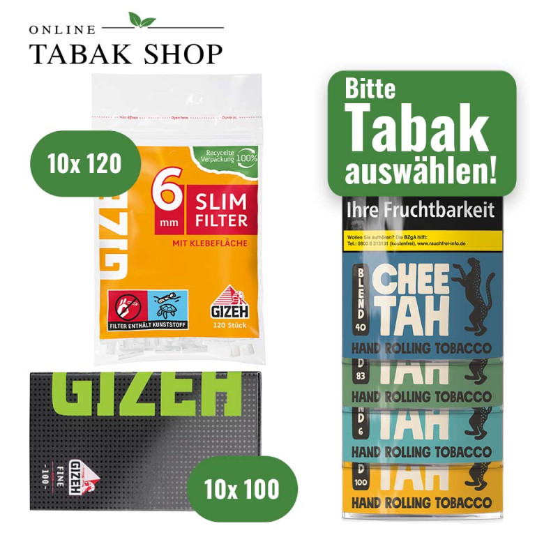 Chee Tah Tabak (10 x 30g) + GIZEH Black Fine Blättchen (10 x 100er) + GIZEH Slim Filter 6mm (10 x 120er)