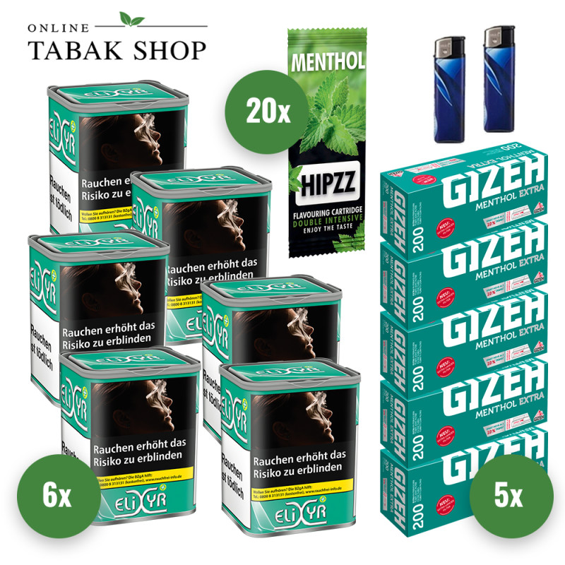 Elixyr Plus [Green] Tabak (6 x 115g) + 1.000 Gizeh Menthol Extra Hülsen + 2 Feuerzeuge + 20 Hipzz Menthol Karten