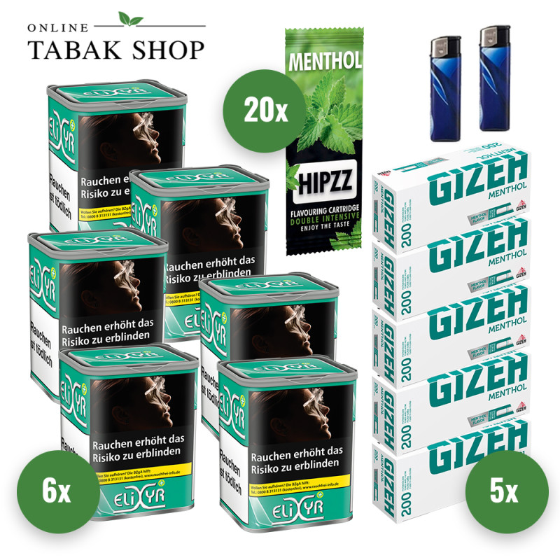 Elixyr Plus [Green] Tabak (6 x 115g) + 1.000 Gizeh Menthol Hülsen + 2 Feuerzeuge + 20 Hipzz Menthol Karten