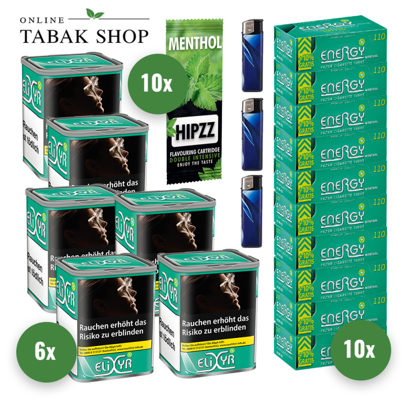 ELIXYR Plus [Green] Tabak (6 x 115g) + ENERGY Plus Menthol Hülsen (10 x 110er) + 20 Hipzz Menthol Karten + 3 Feuerzeuge