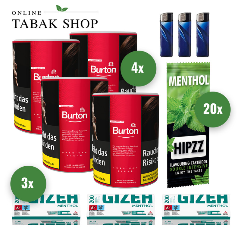 4x BURTON Red Tabak 120g Dose + 600 GIZEH Menthol Hülsen + 3 Feuerzeuge + 20 HIPZZ Menthol Karten