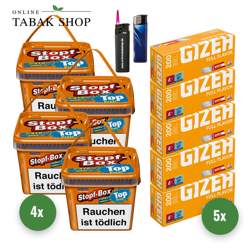 FARGO Volumen Stopf Box Orange (4 x 170g) + 1.000 GIZEH Full Flavor Hülsen (Gelb)+ 1 Feuerzeuge + 1 Sturmfeuerzeug
