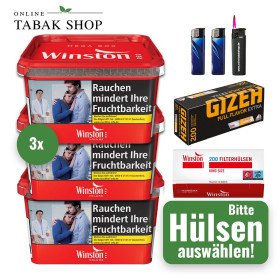 3x Winston Tabak Rot Mega Box 115g + 1000 Hülsen (wählbar) + 2 Feuerzeuge + 1 Sturmfeuerzeug