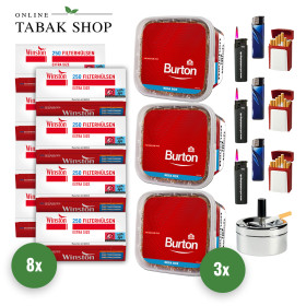 Burton Red Volumentabak (3 x 250g) + 2.000 Winston Extra Hülsen + 1 Drehascher + 3 Gizeh Etui + 3 Feuerzeuge + 3 Sturmfeuerzeuge