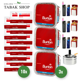 Burton Red Volumentabak (3 x 250g) + 2.000 Winston Hülsen + 1 Drehascher + 3 GIZEH Etui + 3 Feuerzeuge + 3 Sturmfeuerzeuge