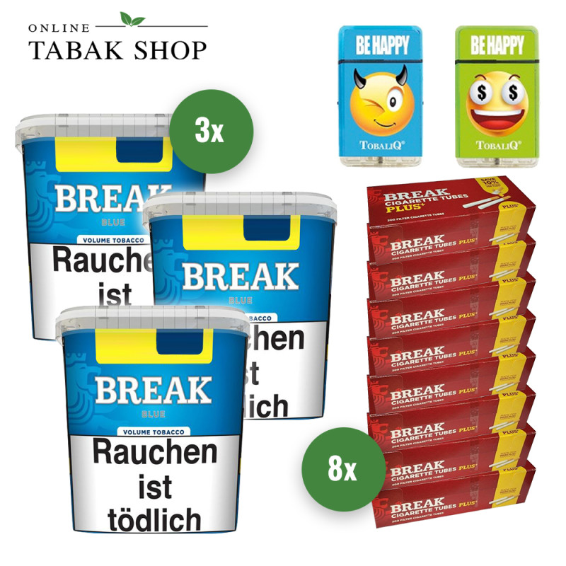 Break Blau Volumentabak (3 x 215g) + Break Plus Hülsen (8x 200er) + 2 TobaliQ "Be Happy" Motiv Feuerzeuge