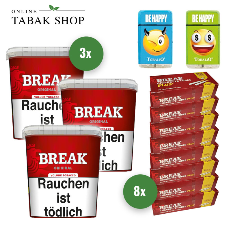 Break Rot Volumentabak (3 x 215g) + Break Plus Hülsen (8x 200er) + 2 TobaliQ "Be Happy" Motiv Feuerzeuge
