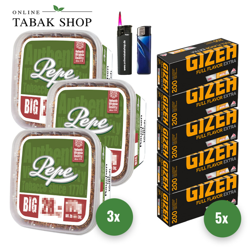 Pepe Rich Green Volumentabak (3 x 170g) + 1.000 Gizeh Full Flavor Extra Hülsen + 1 Sturmfeuerzeug + 1 Feuerzeug
