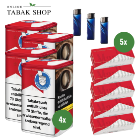 4x Marlboro Red Premium Tabak L 103g Dose + 1000 Marlboro Red Hülsen + 3 Feuerzeuge