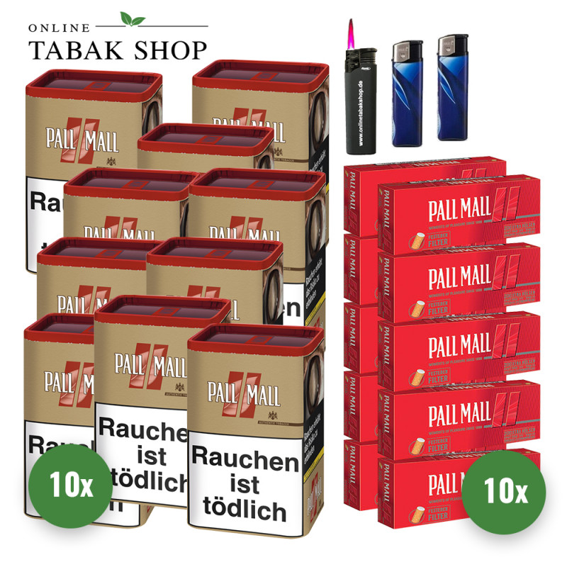 Pall Mall Authentic Red XL Tabak (10 x 85g) + 2.000 Pall Mall Red Xtra Hülsen + 2 Feuerzeuge + 1 Sturmfeuerzeug