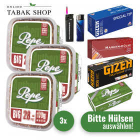 3x Pepe Volumentabak Rich Green 170g + 1000 Hülsen (wählbar) + 1 Sturmfeuerzeug + 1 Feuerzeug
