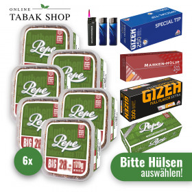 6x Pepe Volumentabak Rich Green 170g + 2000 Hülsen (wählbar) + 1 Sturmfeuerzeug + 2 Feuerzeuge
