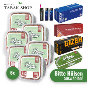6x Pepe Volumentabak Bright Green 170g + 2000 Hülsen (wählbar) + 1 Sturmfeuerzeug + 2 Feuerzeuge