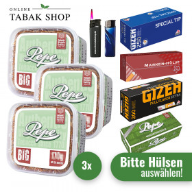 3x Pepe Volumentabak Bright Green 170g + 1000 Hülsen (wählbar) + 1 Sturmfeuerzeug + 1 Feuerzeug