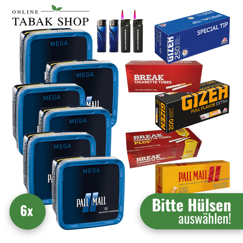 Pall Mall Blue Tabak Mega (6 x 135g) + 2.000 Hülsen (wählbar) + 2 Sturmfeuerzeuge + 2 Feuerzeuge