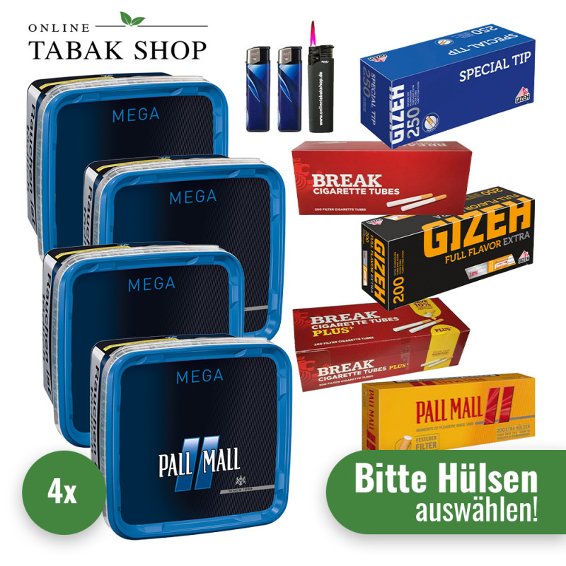 Pall Mall Blue Tabak Mega (4 x 135g) + 1.000 Hülsen (wählbar) + 1 Sturmfeuerzeug + 2 Feuerzeuge