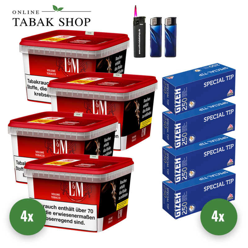 4x L&M Tabak Rot 120g Mega Eimer + 1000 GIZEH Special Tip Hülsen + 2 Feuerzeuge + 1 Sturmfeuerzeug