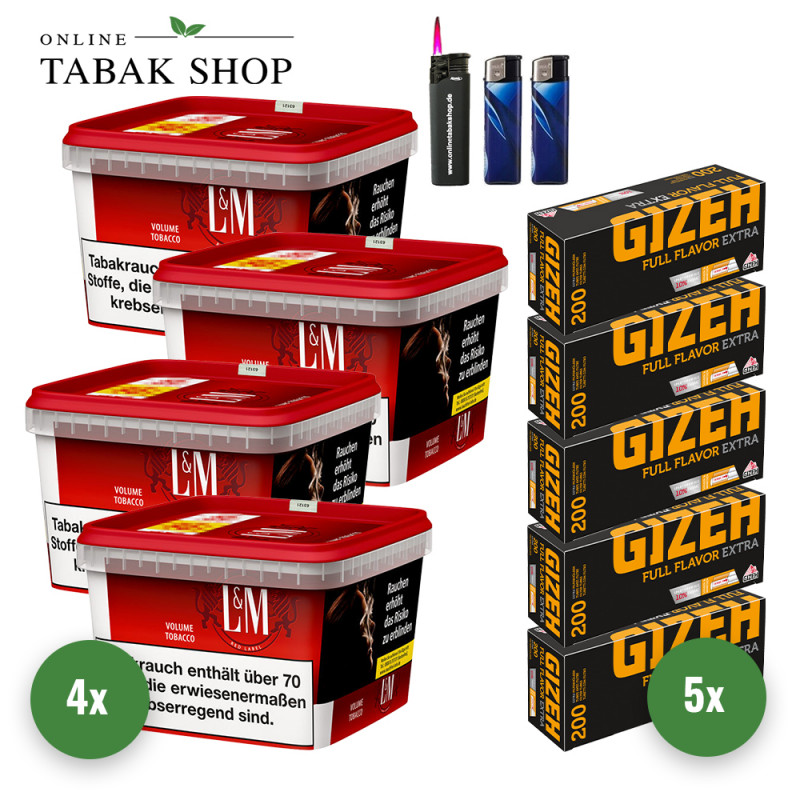4x L&M Tabak Rot 120g Mega Eimer + 1000 GIZEH Full Flavor Extra Hülsen + 2 Feuerzeuge + 1 Sturmfeuerzeug