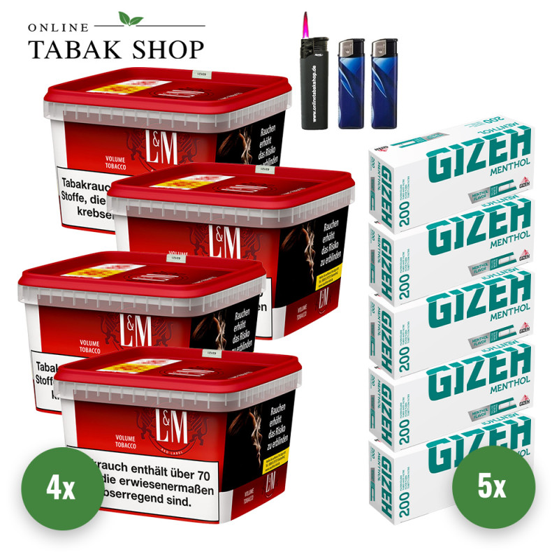 4x L&M Tabak Rot 120g Mega Eimer + 1000 GIZEH Menthol Hülsen + 2 Feuerzeuge + 1 Sturmfeuerzeug