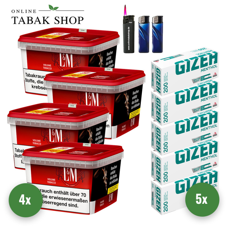 L&M Tabak Red Mega Box (4 x 135g) + 1.000 Gizeh Menthol Hülsen + 2 Feuerzeuge + 1 Sturmfeuerzeuge