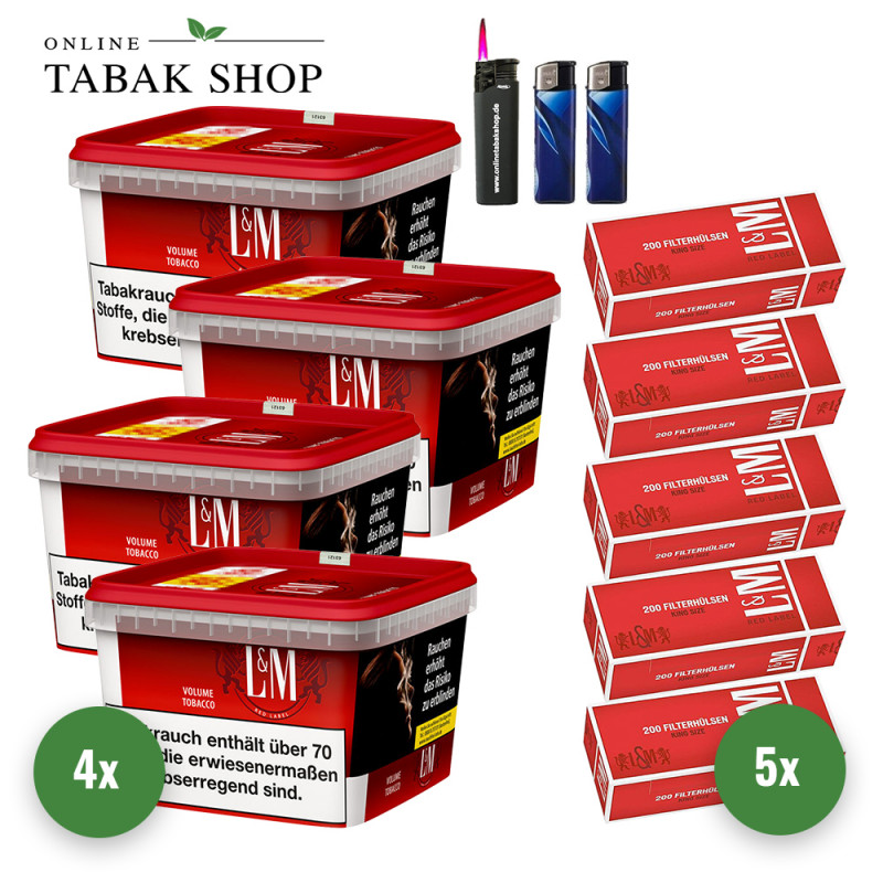 L&M Tabak Red Mega Box (4 x 135g) + 1.000 L&M Red Hülsen + 2 Feuerzeuge + 1 Sturmfeuerzeuge