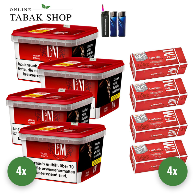4x L&M Tabak Rot 120g Mega Eimer + 1000 L&M Rot Extra Hülsen + 2 Feuerzeuge + 1 Sturmfeuerzeug
