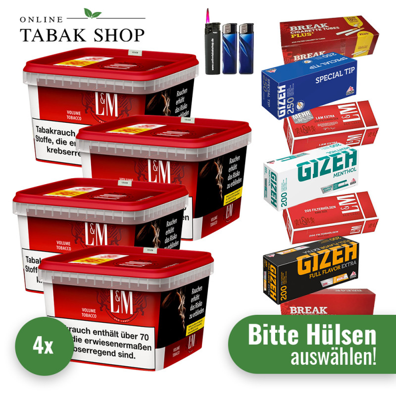 4x L&M Tabak Rot 120g Mega Eimer + 1000 Hülsen (Sorte wählbar) + 2 Feuerzeuge + 1 Sturmfeuerzeug