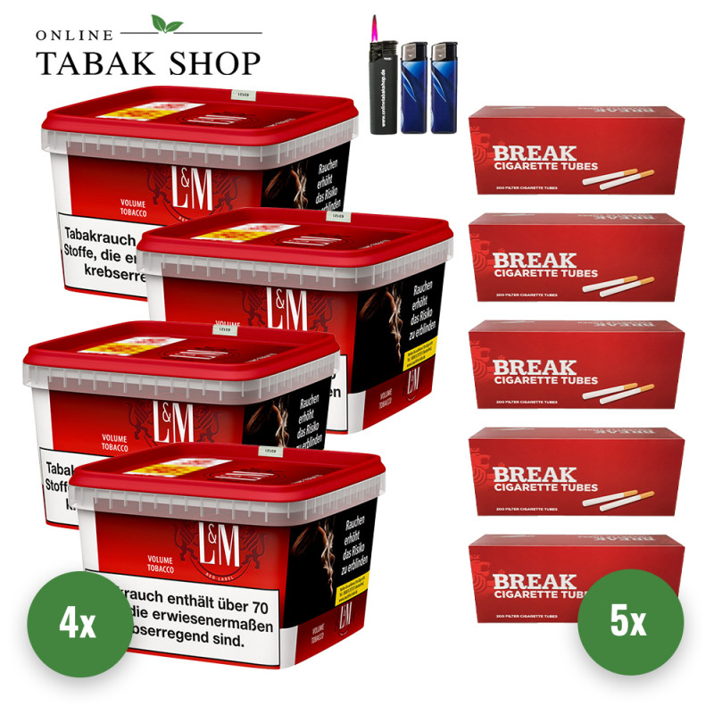 4x L&M Tabak Rot 120g Mega Eimer + 1000 BREAK Hülsen + 2 Feuerzeuge + 1 Sturmfeuerzeug