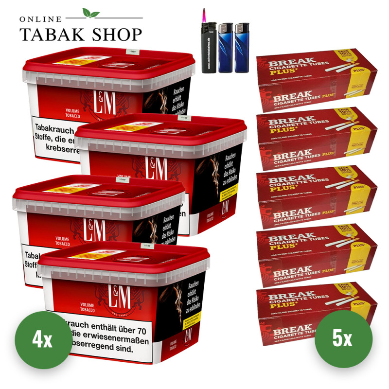 4x L&M Tabak Rot 120g Mega Eimer + 1000 BREAK Plus Hülsen + 2 Feuerzeuge + 1 Sturmfeuerzeug