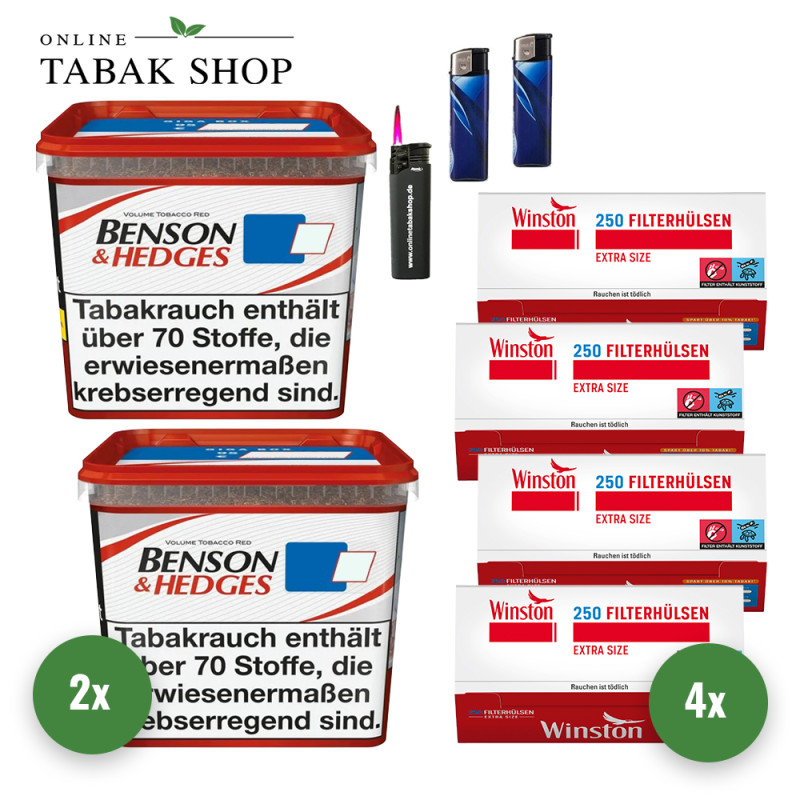 Benson & Hedges Volumentabak Red (2 x 270g) + 1.000 Winston Extra Hülsen + 1 Sturmfeuerzeug + 2 Feuerzeuge