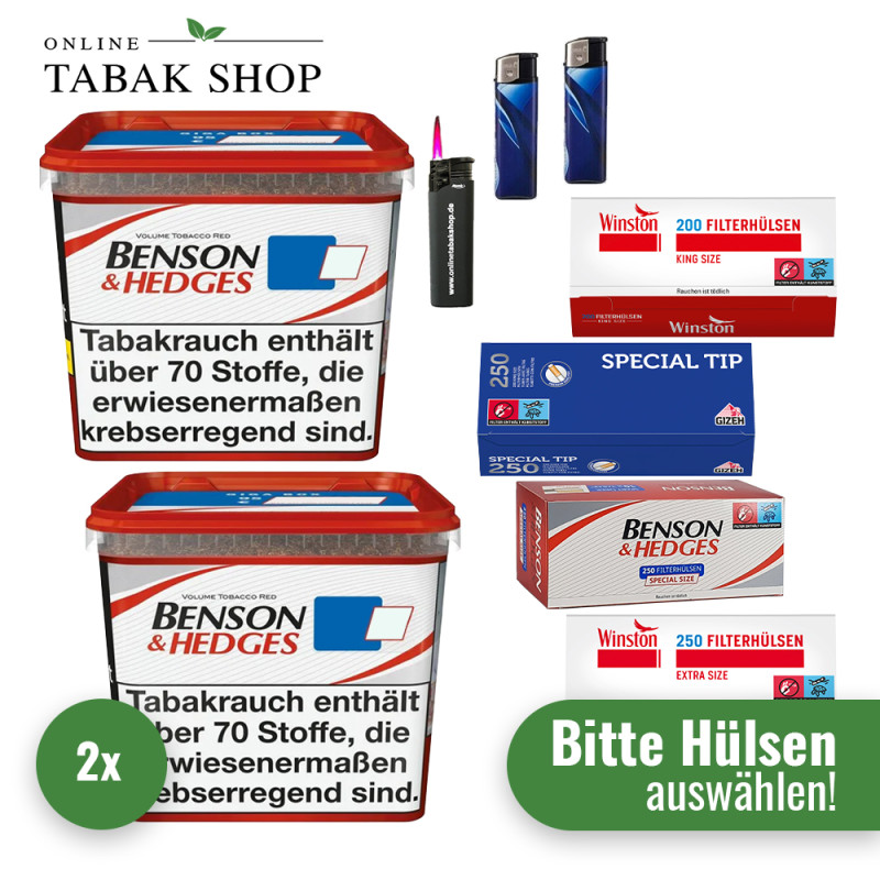 Benson & Hedges Volumentabak Red (2 x 270g) + 1.000 Hülsen (nach Wahl) + 1 Sturmfeuerzeug + 2 Feuerzeuge