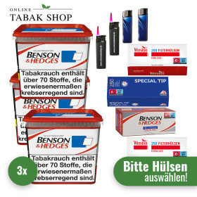 3x Benson & Hedges Volumentabak Red Eimer 315g + 2000 Hülsen (wählbar) + 2 Sturmfeuerzeuge + 2 Feuerzeuge
