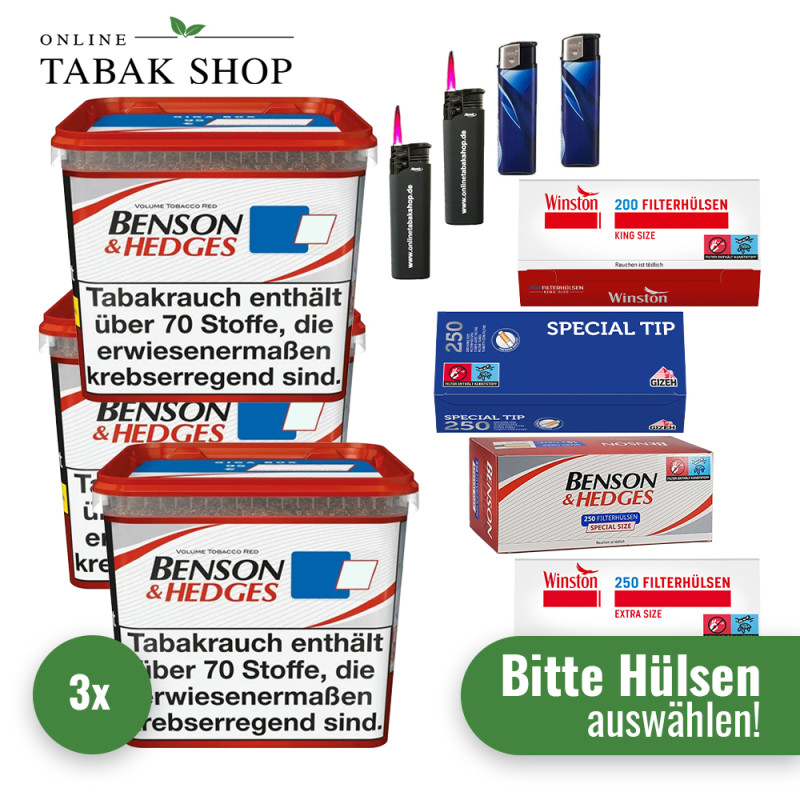 Benson & Hedges Volumentabak Red (3 x 270g) + 2.000 Hülsen (nach Wahl) + 2 Sturmfeuerzeuge + 2 Feuerzeuge