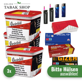Chesterfield Volumentabak Red (3 x 230g) + 2.000 Hülsen (Sorte wählen) + 2 Sturmfeuerzeuge + 2 Feuerzeuge