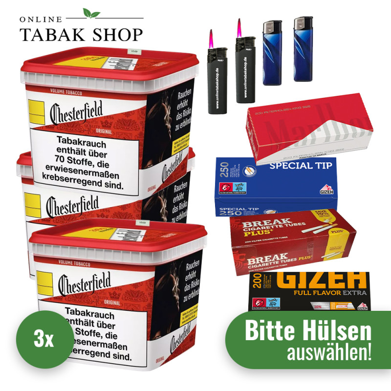 Chesterfield Volumentabak Red (3 x 260g) + 2.000 Hülsen (nach Wahl) + 2 Sturmfeuerzeug + 2 Feuerzeuge