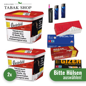 Chesterfield Volumentabak Red (2 x 230g) + 1.000 Hülsen (Sorte wählen) + 1 Sturmfeuerzeug + 2 Feuerzeuge