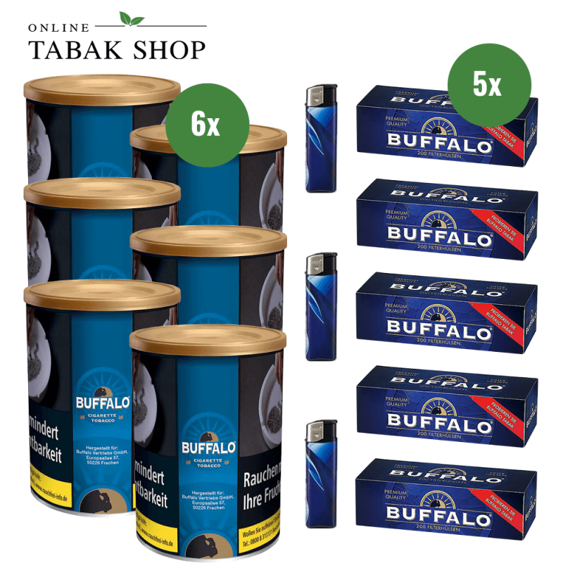 Buffalo Tabak Blue (6 x 140g) + 1.000 Buffalo Hülsen + 3 Feuerzeuge