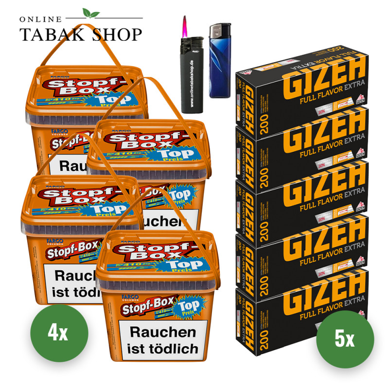 Fargo Volumen Stopf Box Orange (4 x 170g) + 1.000 Gizeh Full Flavor Extra Hülsen + 1 Feuerzeug + 1 Sturmfeuerzeug