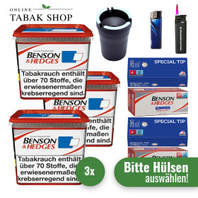 3x Benson & Hedges Volumentabak Red Eimer 315g + 1000 Hülsen (wählbar) + 1 Sturmfeuerzeug + Feuerzeug + Auto Aschenbecher