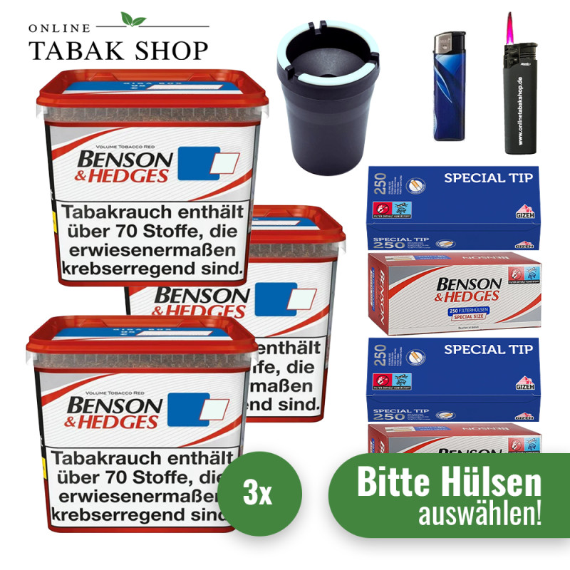 Benson & Hedges Volumentabak Red (3 x 270g) + 1.000 Hülsen + 1 Sturmfeuerzeug + 1 Feuerzeug + 1 Kfz-Aschenbecher - Titel