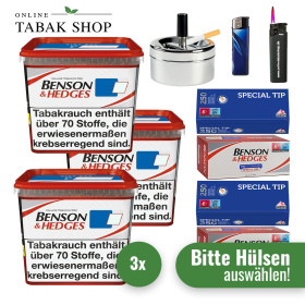 3x Benson & Hedges Volumentabak Red 315g + 1000 Hülsen (wählbar) + 1 Sturmfeuerzeug + 1 Feuerzeug + 1 Drehascher