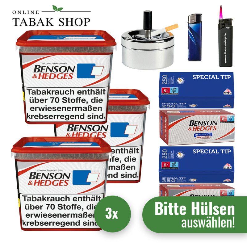 Benson & Hedges Volumentabak Red (3 x 270g) + 1.000 Hülsen nach Wahl+ 1 Sturmfeuerzeug + 1 Feuerzeug + 1 Gizeh Etui - Titel