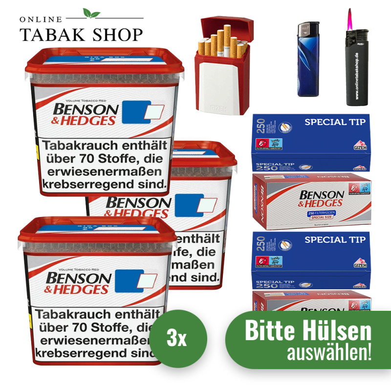 Benson & Hedges Volumentabak Red (3 x 270g) + 1.000 Hülsen (nach Wahl) + 1 Sturmfeuerzeuge + 1 Feuerzeuge + 1 Gizeh Etui - Titel